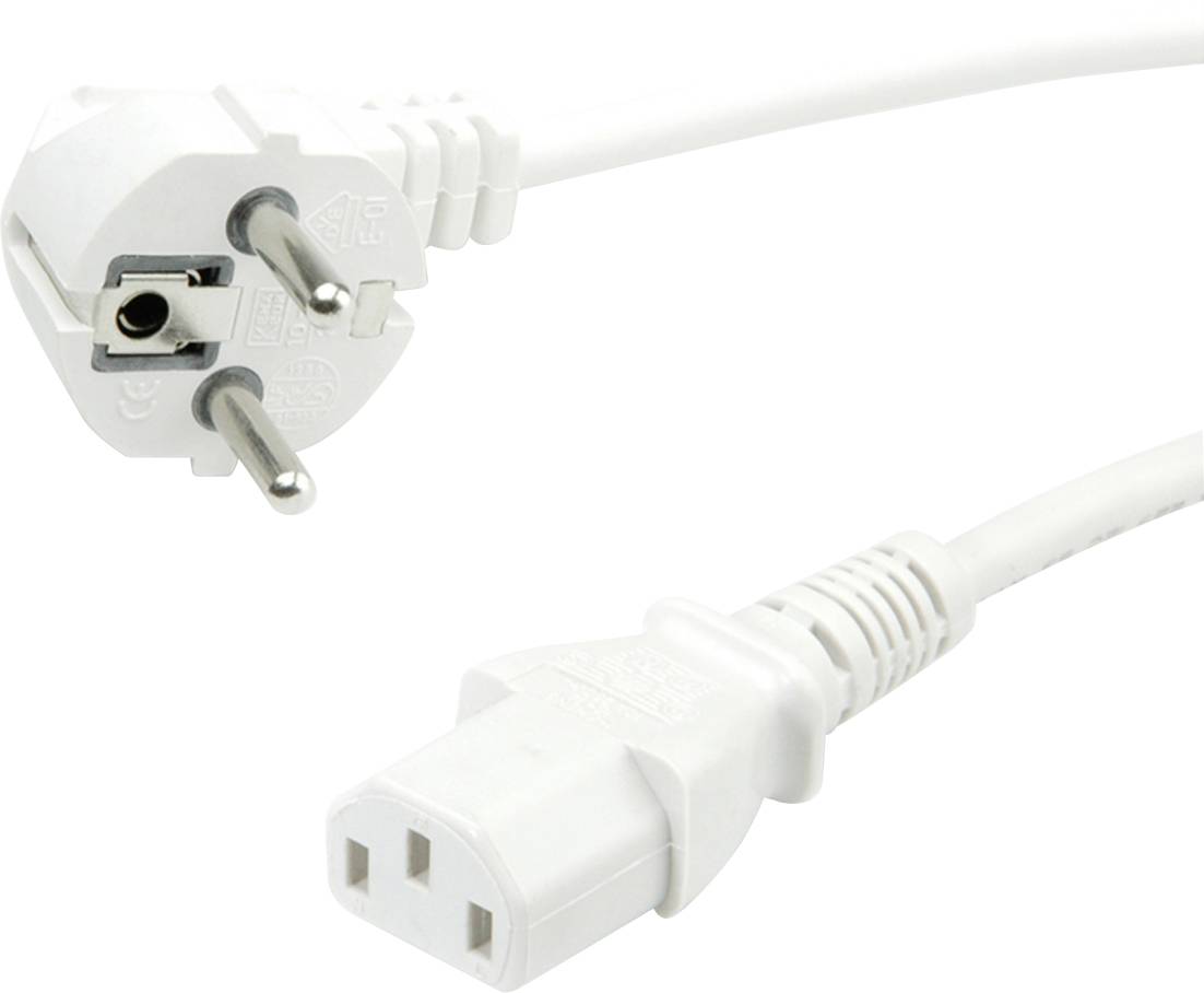 Bílé napájecí kabely se Schuko zástrčkou a zásuvkou C13 na bílém pozadí. Ideální pro elektronická zařízení a domácí spotřebiče.