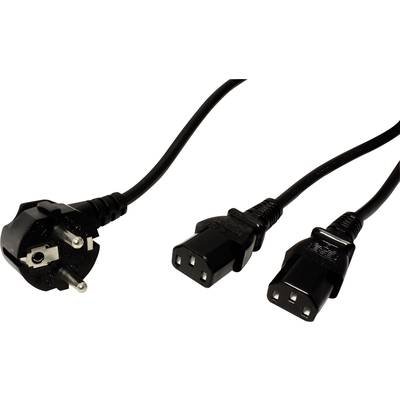 Černý síťový kabel s evropskou zásuvkou Schuko je zakončen dvěma zásuvkami C13.