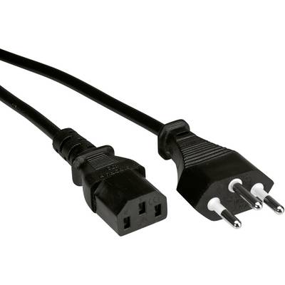 Černý napájecí kabel se dvěma rozdílnými koncovkami: vlevo trojpólová zásuvka a vpravo trojpólová zástrčka.