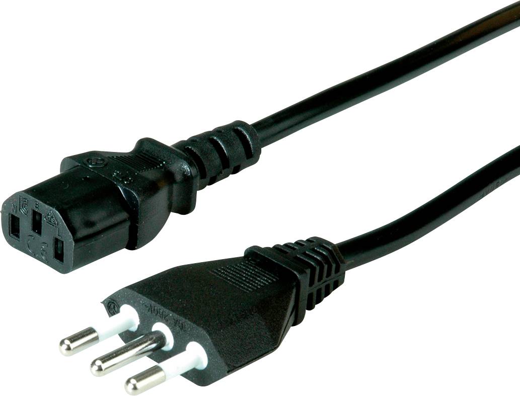 Černý síťový kabel s třípólovým zástrčkou a třídírkou, používaný pro napájení elektrických zařízení.
