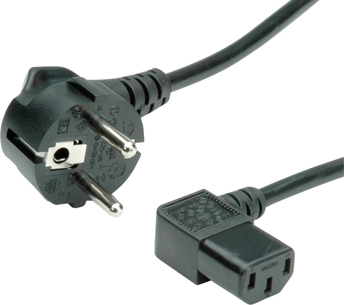 Síťový kabel se Schuko zástrčkou a IEC-C13 zásuvkou, vhodný pro připojení zařízení ke zdroji napájení.