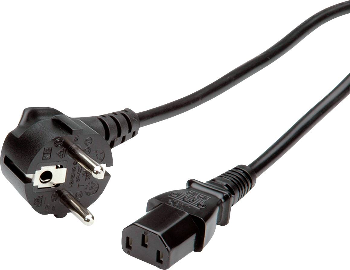 Černý napájecí kabel s evropskou vidlicí a konektorem C13, často používaný pro počítače a podobná zařízení.