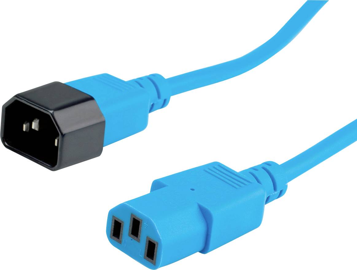Modrý síťový kabel s samičím a samčím konektorem; používá se pro napájení zařízení.