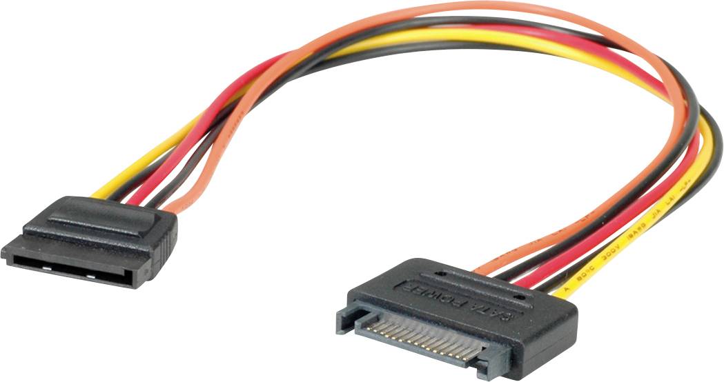 Napájecí adaptérový kabel SATA s černými konektory a žlutými, červenými a černými vodiči pro připojení pevného disku ke zdroji napájení.