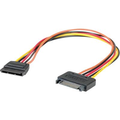 Napájecí adaptérový kabel SATA s černými konektory a žlutými, červenými a černými vodiči pro připojení pevného disku ke zdroji napájení.
