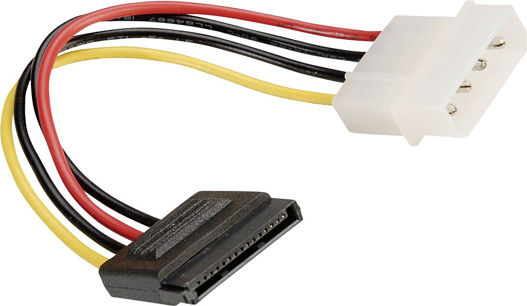 Adaptační kabel s bílou 4-pinovou konektorovou zástrčkou Molex a černým napájecím konektorem SATA, používaný pro připojení pevných disků.
