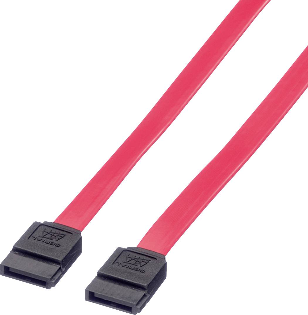 Červený datový kabel SATA se dvěma černými konektory na koncích. Používá se k propojení úložných zařízení s základní deskou.