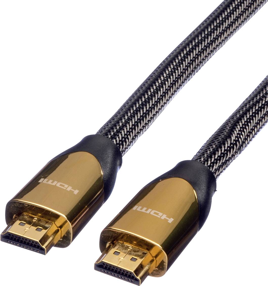 Dva HDMI kabely se zlatými konektory a opletanými kabely.