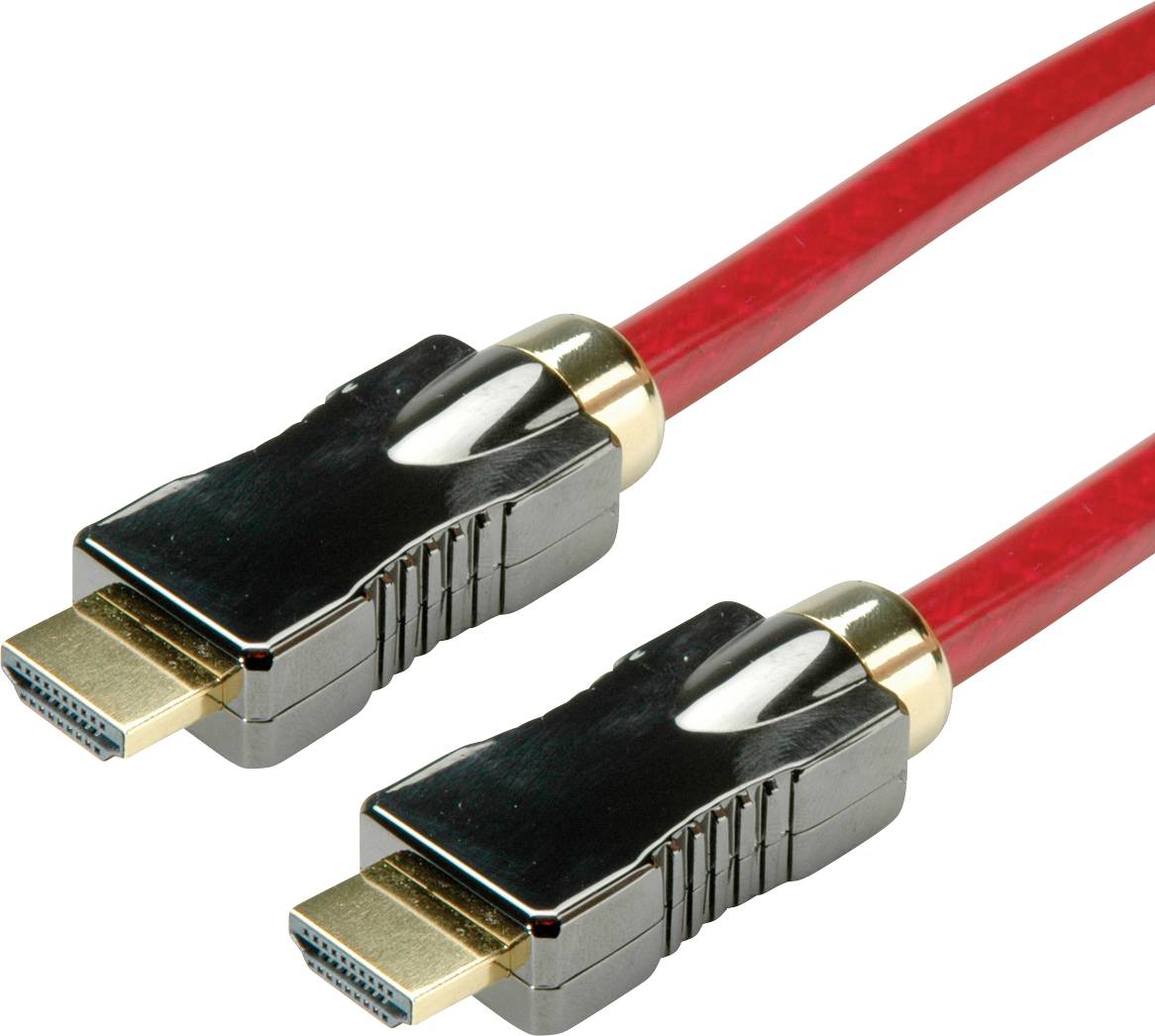 Červený HDMI kabel zobrazuje dva zlaté konektory s černým pouzdrem. Slouží k přenosu audio a video dat.