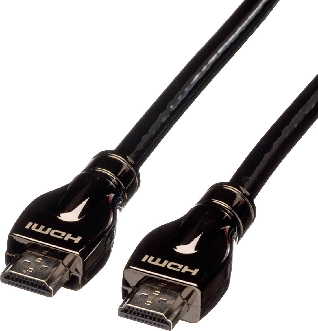 Dva černé HDMI kabely vedle sebe na bílém pozadí.