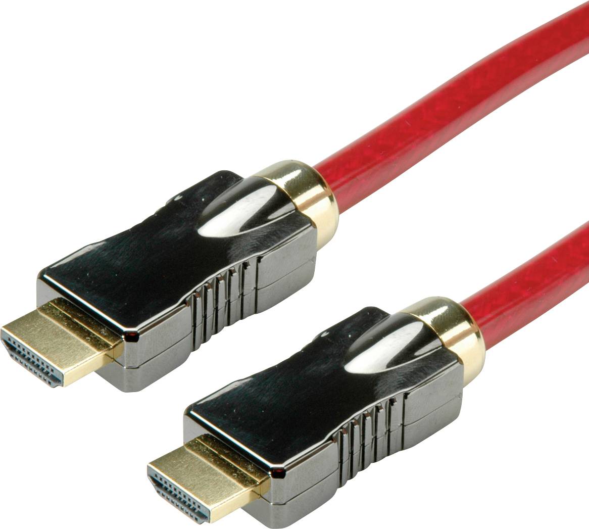 Dva červené HDMI kabely se zlatými konektory. Vhodné pro přenos vysoce kvalitních audio a video dat.