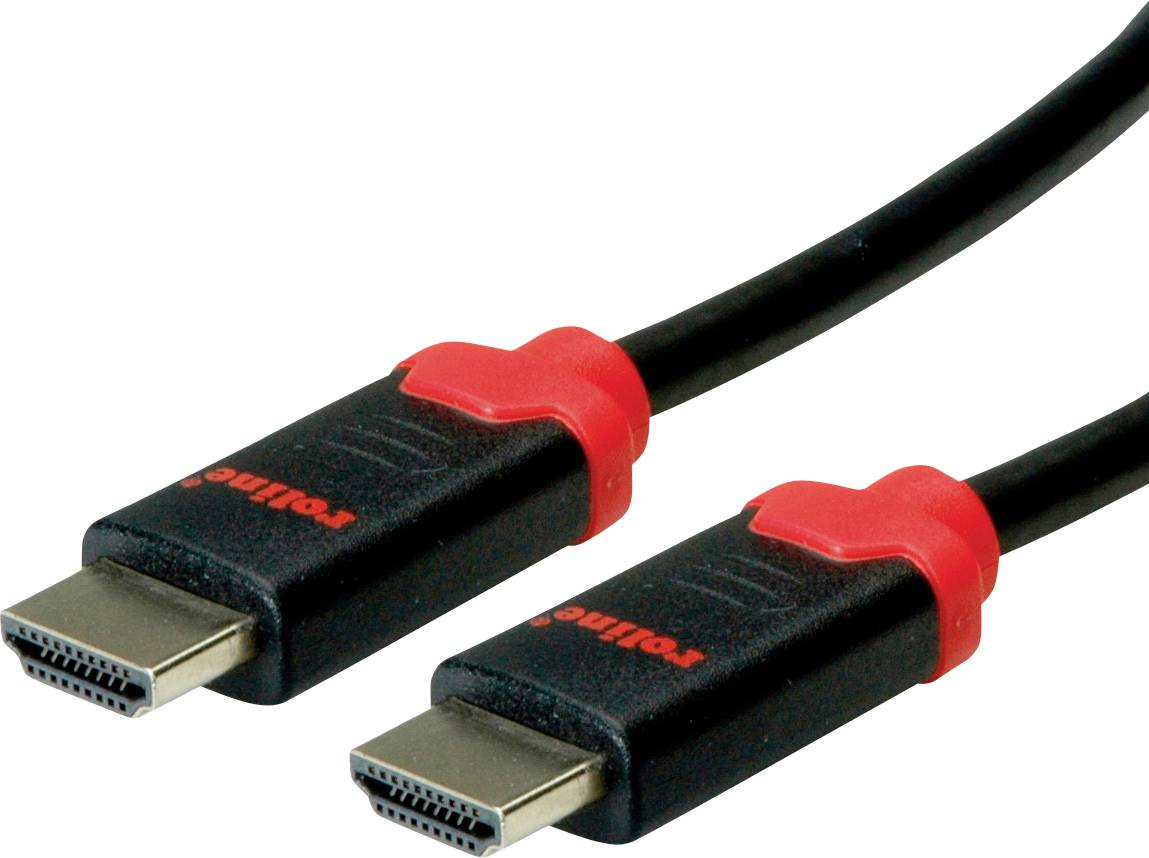 Dva černé HDMI kabely s červenými konektory, vhodné pro přenos audio a video signálů ve vysokém rozlišení.