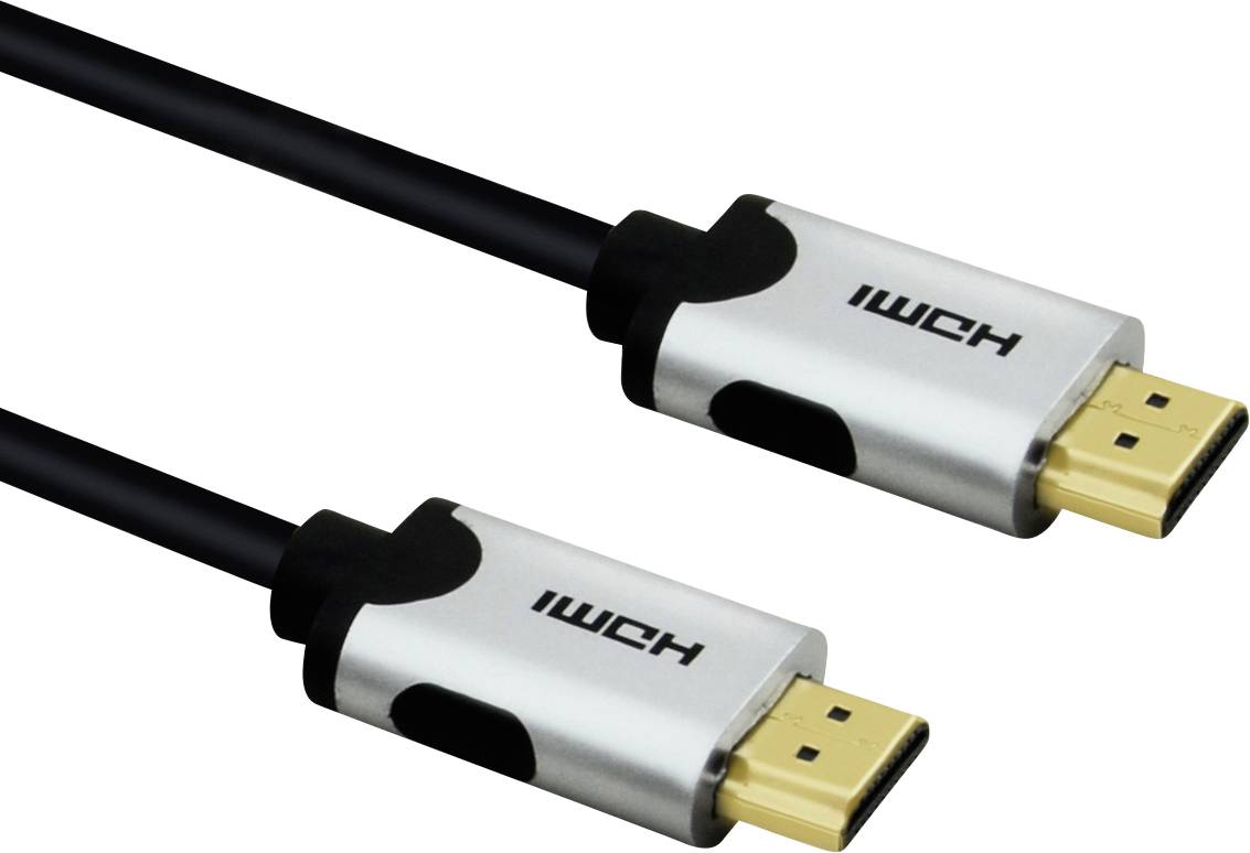 Černý HDMI kabel se dvěma stříbrnými konektory označenými nápisem 'HDMI'. Vhodný pro audio a video připojení.