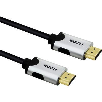 Černý HDMI kabel se dvěma stříbrnými konektory označenými nápisem 'HDMI'. Vhodný pro audio a video připojení.