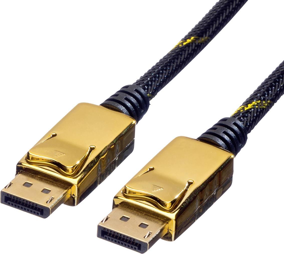 Dva DisplayPort kabely se zlatými konektory a černým opletaným pláštěm pro vylepšený přenos signálu.