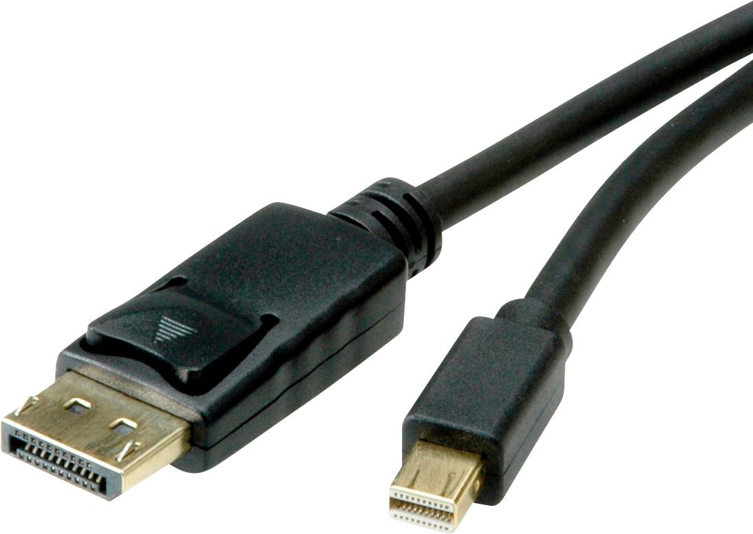 Černý kabel se zástrčkou DisplayPort vlevo a miniDisplayPort zástrčkou vpravo. Propojuje počítač s monitory pro přenos videa.