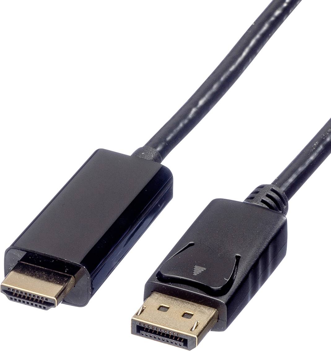 HDMI na DisplayPort kabel, který slouží k propojení videozařízení a monitorů, s černým kabelem a konektory.