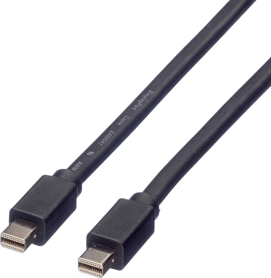 Černý mini DisplayPort kabel se dvěma konektory pro připojení počítačů k monitorům nebo projektorům pro přenos audia a videa.