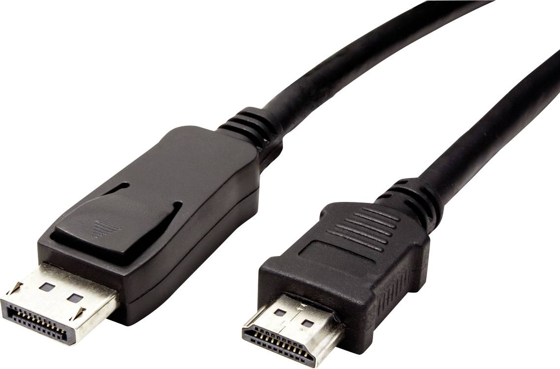 Černý kabel s konektorem DisplayPort na levé straně a konektorem HDMI na straně pravé.