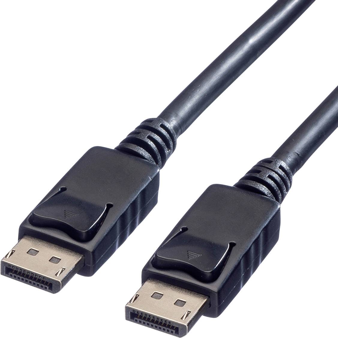 Dva černé DisplayPort kabely v detailním záběru, ukazující kontaktní body a černý vnější plášť.