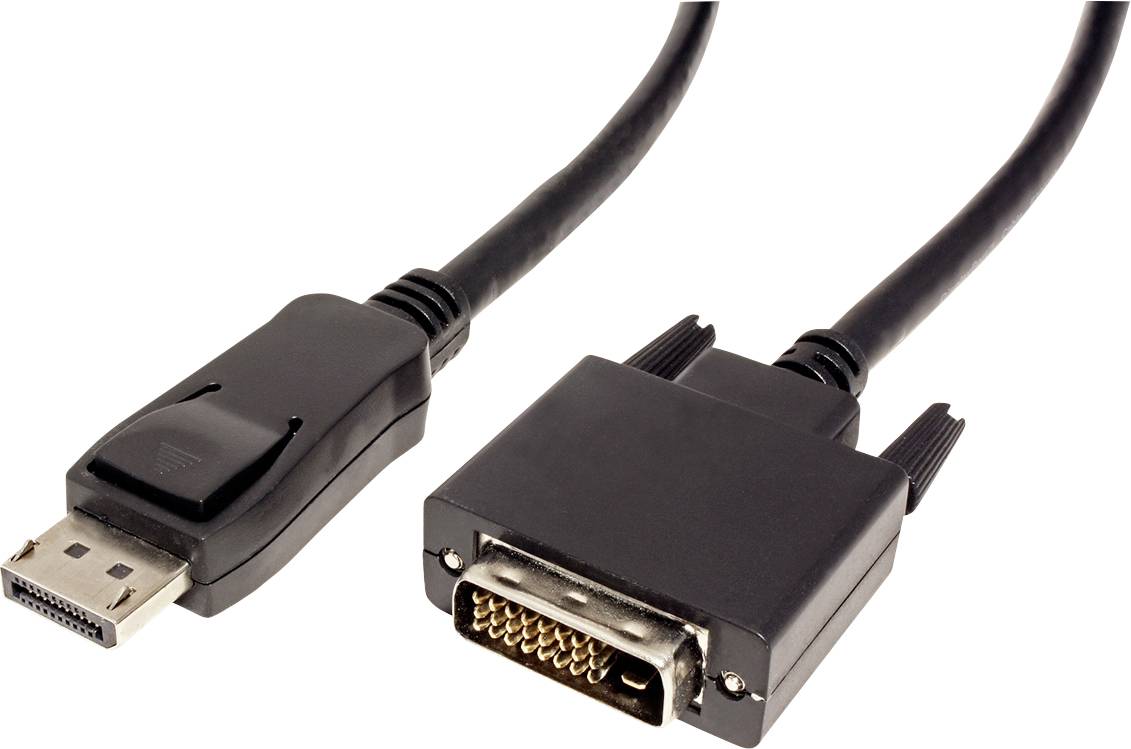 Adaptérový kabel DisplayPort na DVI, který zobrazuje dva různé konektory pro video připojení.