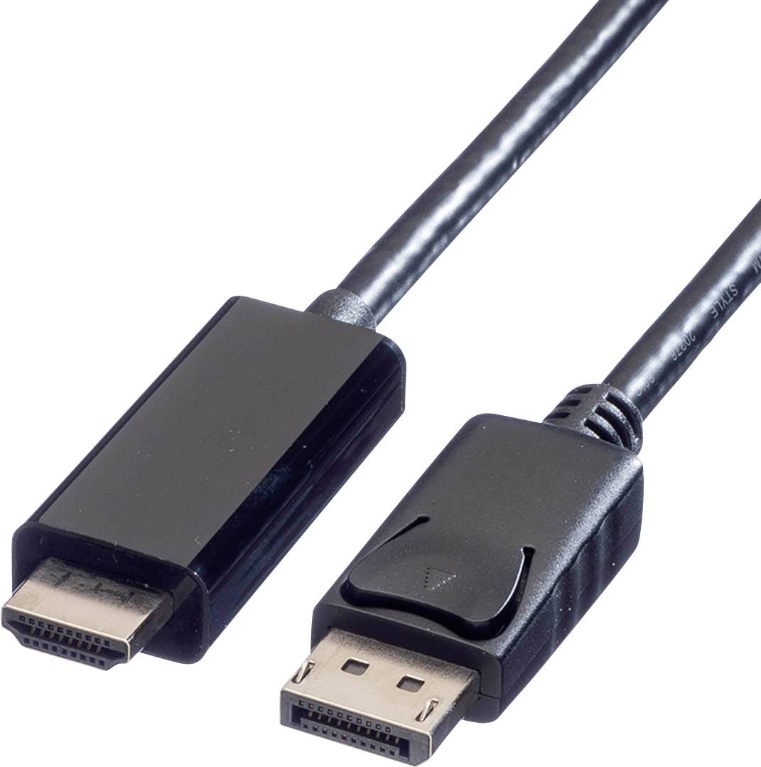 Kabel DisplayPort na HDMI s černým pláštěm, které se používá k přenosu video a audio signálů mezi zařízeními.