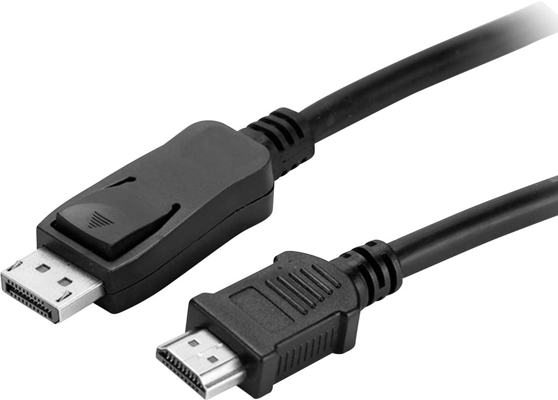Dva kabely: Vlevo konektor DisplayPort, vpravo konektor HDMI. Oba jsou černé a jsou určeny pro digitální video a audio signály.