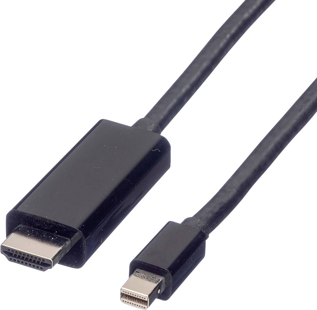 Černý HDMI kabel s větší HDMI koncovkou a menší Mini-DisplayPort koncovkou.