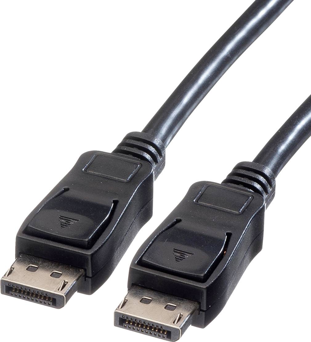 Dva černé DisplayPort kabely s identickými konektory, které se používají pro přenos audio a video signálů.