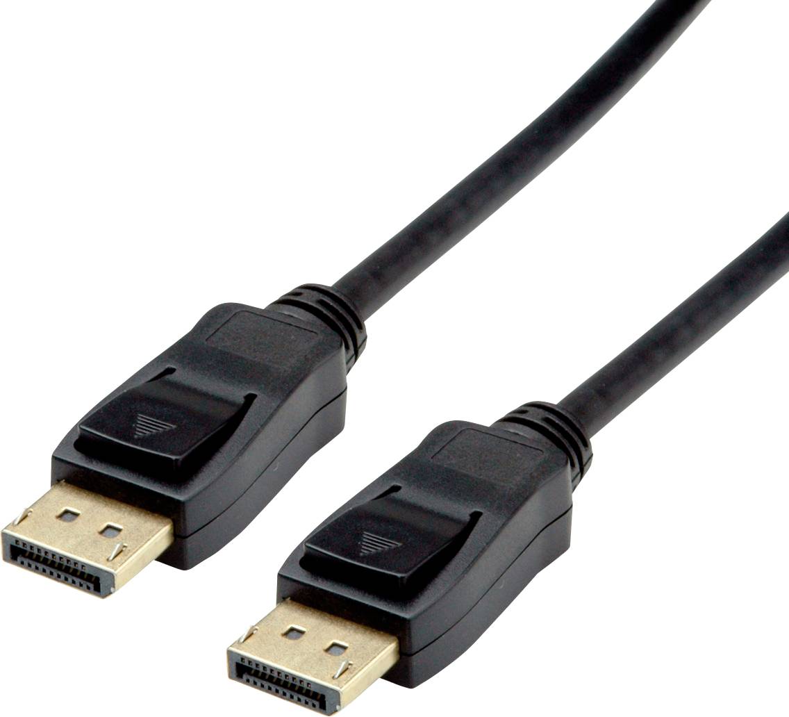 Dva černé DisplayPort kabely se zástrčkami pro video a audio připojení.