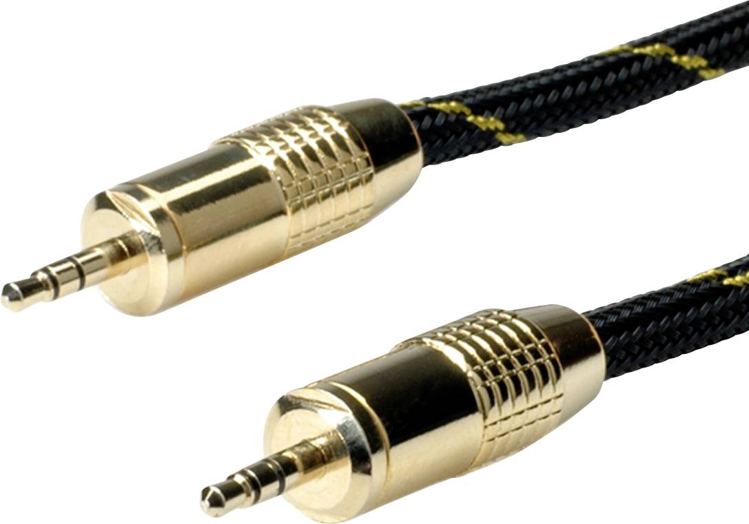 Dva zlaté 3,5mm jack konektory na obou koncích černožlutého opletaného kabelu.