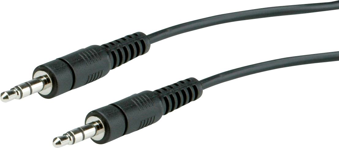 Dva černé audio kabely s 3,5mm jack konektory, které se používají pro připojení audio zařízení.