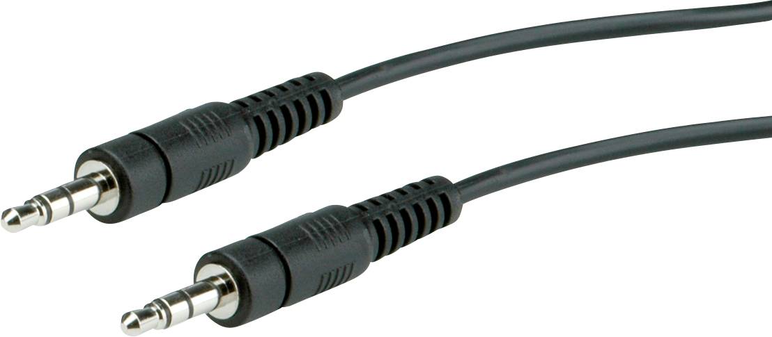 Dva černé audio kabely s 3,5mm konektory pro připojení audiozařízení.