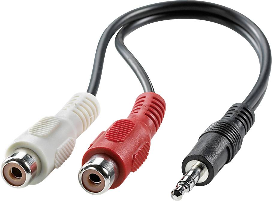 Adaptační audio kabel RCA na Jack, jeden bílý a jeden červený RCA konektor propojený s jedním černým jackem.