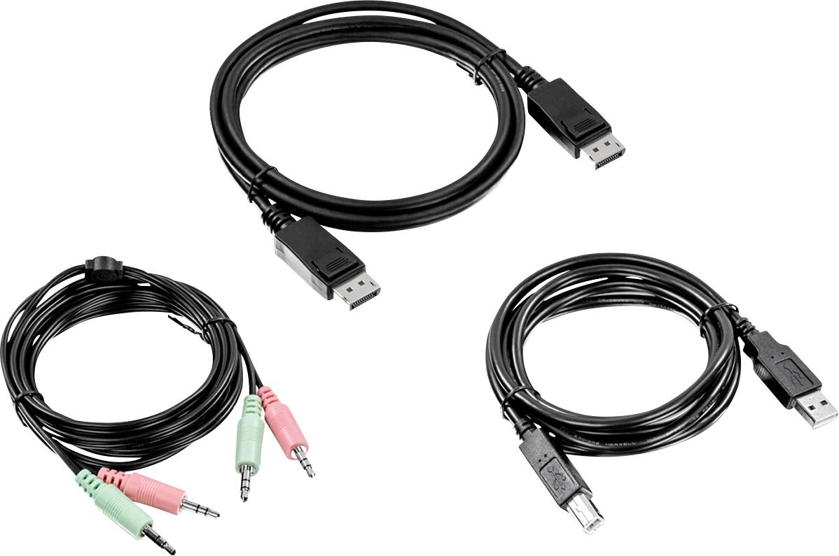 Tři různé typy kabelů: kabel DisplayPort, USB kabel a kabel s červeným a zeleným konektorem jack.