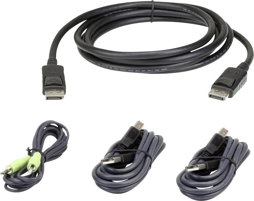 Sada čtyř kabelů: jeden kabel DisplayPort, dva USB kabely a jeden audiokabel se zelenou koncovkou.