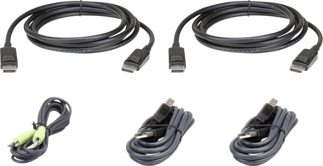 Šest kabelů: dvě HDMI kabely, audiokabel se zeleným a červeným konektorem a tři USB kabely na bílém pozadí.