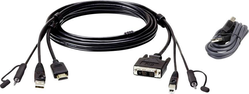 Různé počítačové kabely s konektory HDMI, DVI a Mini Display. Další kabel je zakončen USB konektorem. Vhodné pro video a audio připojení.