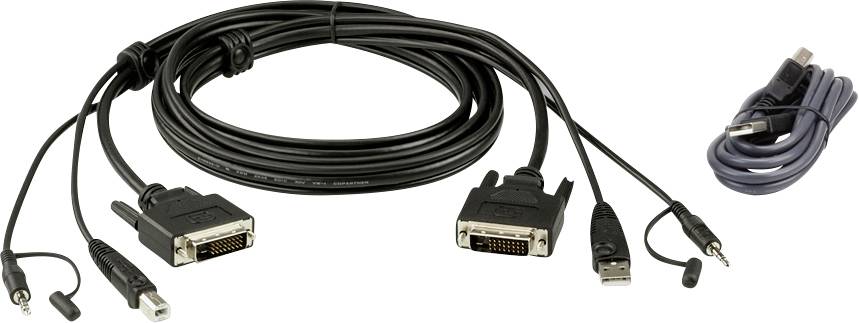 Sada různých kabelů, včetně DVI, USB a 3,5mm audio konektorů, primárně určených pro počítačová zařízení.