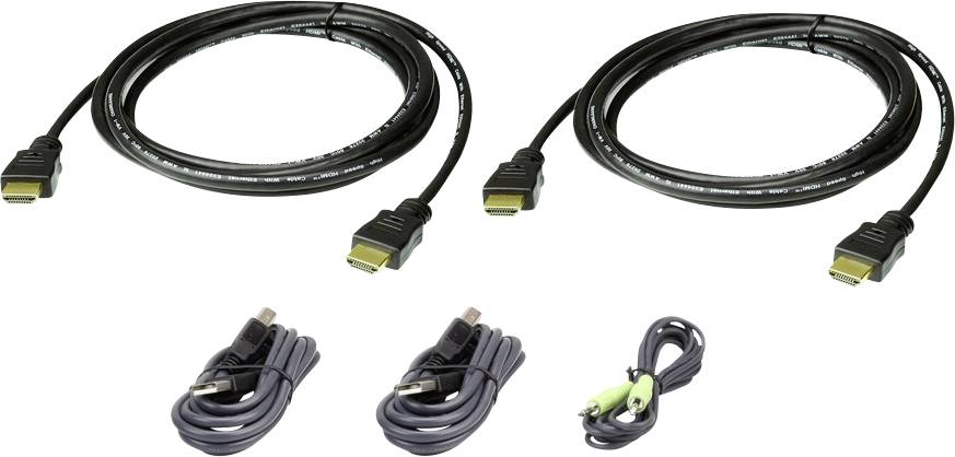 Dva černé HDMI kabely a tři audio kabely se zelenými a černými konektory, vhodné pro audio a video připojení.