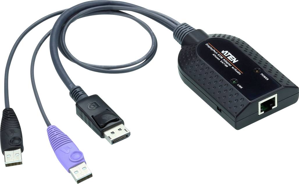 Elektronické zařízení s USB kabelem, DisplayPort konektorem a RJ45 ethernetovým portem, vhodné pro připojení k počítači.