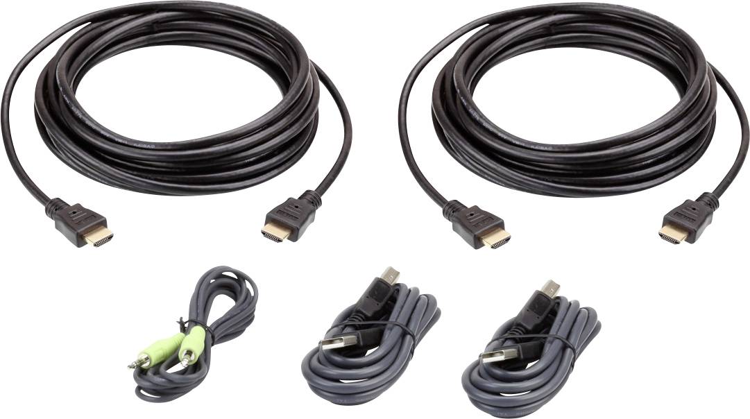 Dva černé HDMI kabely, pár zeleno-černých audio kabelů a dva USB kabely různých délek na bílém pozadí.