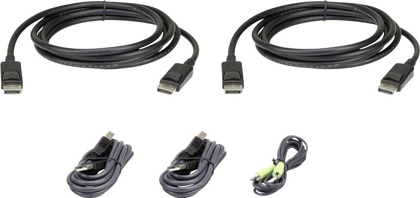 Dva DisplayPort kabely a tři USB kabely, jeden s zelenými a černými konektory.