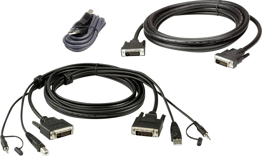 Tři typy kabelů: vlevo nahoře USB kabel, vpravo nahoře samostatný DVI kabel, dole DVI kabel s dalšími audio a USB porty.