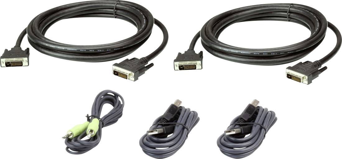 Dva DVI kabely, jeden audiokabel se zelenými konektory a dva USB kabely se stříbrnými konektory. Kabely pro propojení zařízení.