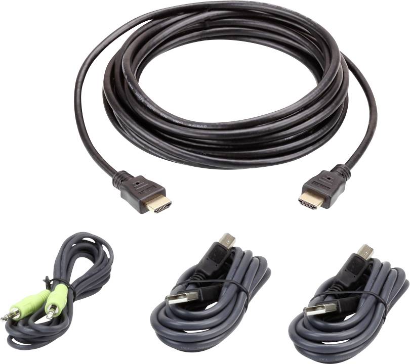 HDMI kabel, audio kabel se zelenými konektory a dva USB kabely na bílém pozadí.
