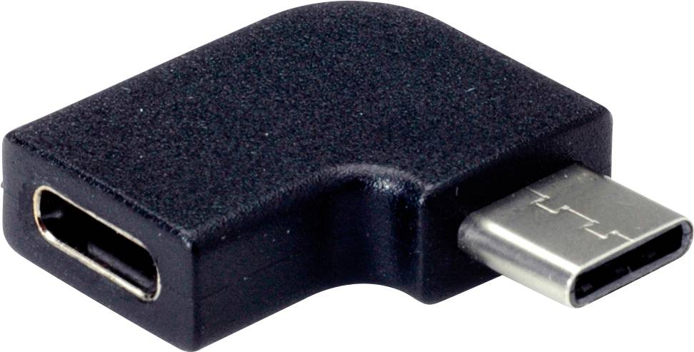 Černý USB-C adaptér ve tvaru L s jedním samčím a jedním samičím konektorem. Ideální pro těsné prostory nebo vedení kabelů.