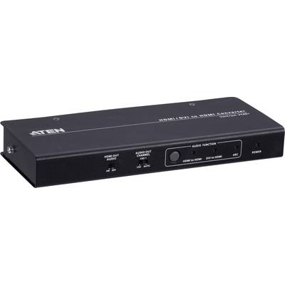 'ATEN HDMI/DVI na HDMI konvertor'. Černé zařízení s HDMI a DVI konektory. Ovládací tlačítka pro audio režim na přední straně.