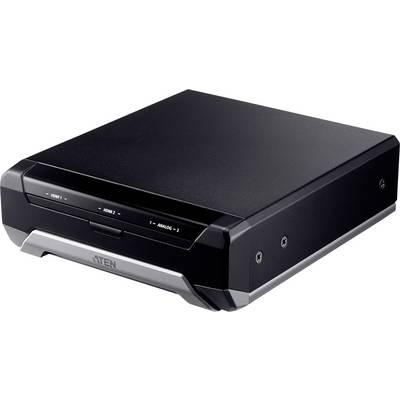 Černé elektronické zařízení obdélníkového tvaru s konektory označenými jako "HDMI" a "Analog", na přední straně s názvem značky 'ATEN'.