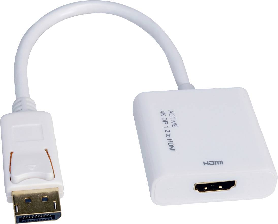 Bílý DisplayPort-HDMI adaptér s krátkým kabelem, označený nápisem 'Active 4K DP 1.2 to HDMI', určený pro připojení zařízení.